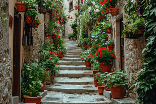 Fototapeta Charming Mediterranean Village: A Picturesque Summer View of an Ancient Italian Town with Narrow Stone Alleys and Colorful Flowers