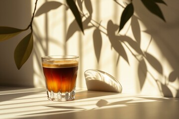 modern carajillo espresso cocktail, sun and shadows, minimalist