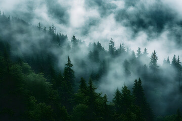 A misty mountain landscape with a forest of pine trees in a vintage retro style. The environment is portrayed with clouds and mist, creating a vintage and atmospheric imagery of a tree-covered forest.