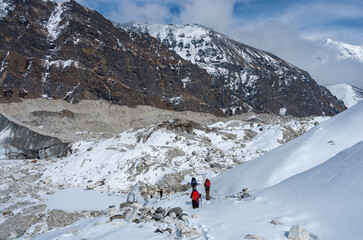 Hiking group on a trail. Sagarmatha National Park, Nepal