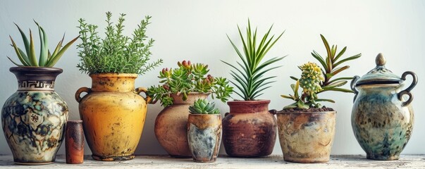 collection Set of retro vantage old clay jar vase style or classic interior plants pots furniture cutouts isolated on white background - Generative AI - obrazy, fototapety, plakaty