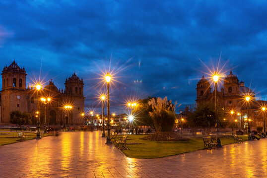 Plaza de Armas in Cusco at twilight, the historic capital of the Inca Empire. Peru
