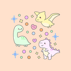Vector Dinosaurus Tyrannosaurus Brachiosaurus Pterosaurus with cute facial expressions and pastel colour © Steven