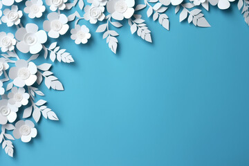 Paper cut flowers and leaves, Fresh spring nature background. Floral banner, poster, flyer template with copy space.