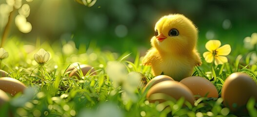 Sweet and charming yellow baby chicks alongside their eggs.