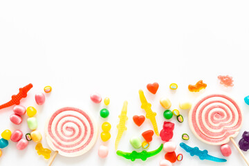 Set of colorful candies and lollipop. Sweet food and candies background