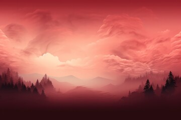 The red predawn or sunset sky. Orange clouds, silhouettes of treetops. Background, backdrop of bright color