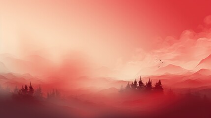 Obraz na płótnie Canvas Red sunset or dawn on the background of mountains and trees, in the forest, top view. Silhouettes of fir trees and peaks on a red background.