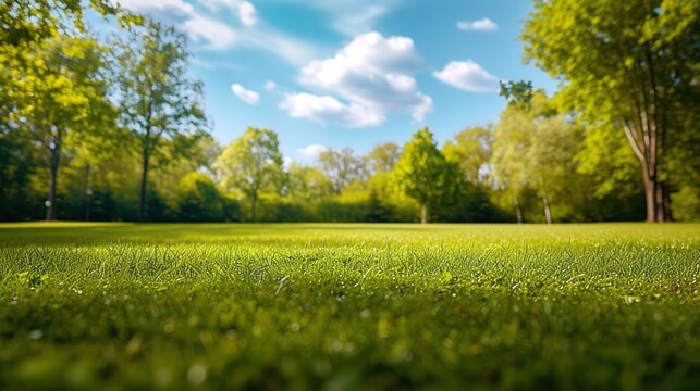 Image of a serene landscape with lush green grass fields under a clear blue sky.