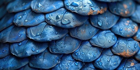 Blue skin, dragon scales. Detailed image, close view. Shiny  scaleswith iridescence - obrazy, fototapety, plakaty