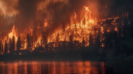 Climate Change Crisis, Wildfire Engulfs Town in Devastating Flames - obrazy, fototapety, plakaty
