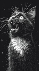 A black and white drawing of a cat