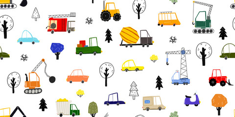 Seamless pattern with hand-drawn cars and trees. Cartoon background for children. Children's City map with cartoon transport. Can be used for nursery room, packaging, clothing, textile, wallpaper, .