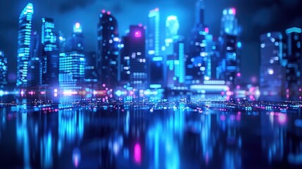 Urban Night Lights in Blue Cityscape with Skyscrapers and Technology-Inspired Architecture.