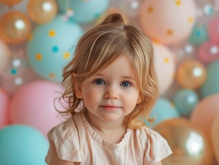 A little girl standing in front of a bunch of balloons