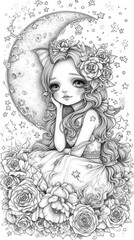 A girl sitting on the moon with roses in her hair