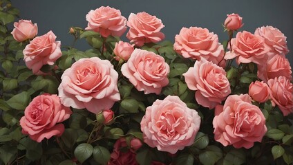 Bush of pink roses, summertime floral background