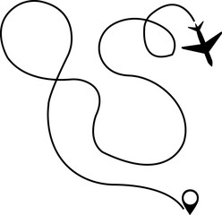 Travel concept from start point and line tracing icon . Airplane or aeroplane routes path. Aircraft tracking plane path, travel, map pins, location pins. Black vector zigzag road