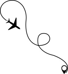 Travel concept from start point and line tracing icon . Airplane or aeroplane routes path. Aircraft tracking plane path, travel, map pins, location pins. Black vector zigzag road