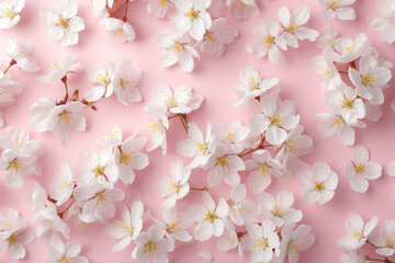 Fototapeta premium Beautiful white sakura flowers on color pink background, top view. Floral spring pattern