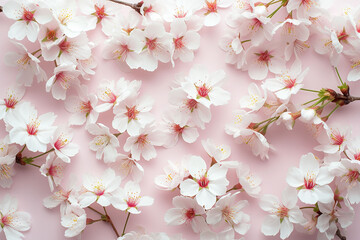 Blossom in spring. Cherry blossom flowers on pastel pink background. Flat lay, top view