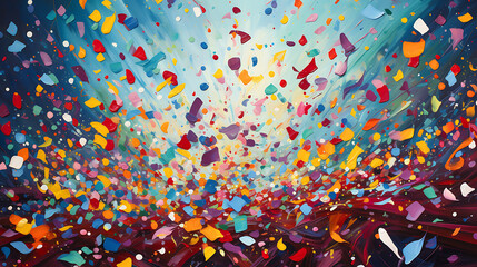 
Colorful confetti rains down from above, creating a lively and festive atmosphere. The celebration is palpable, and each piece of confetti carries the joy of the moment - obrazy, fototapety, plakaty