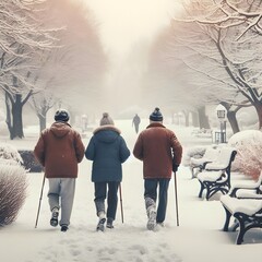 Group of retirees hiking in the park - obrazy, fototapety, plakaty
