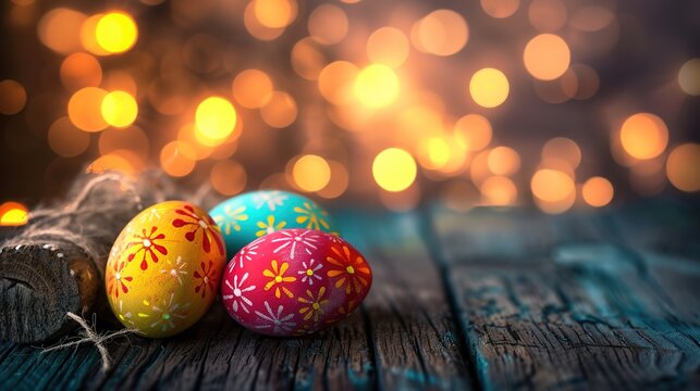 Easter eggs with vibrant colors shown on wood and bokeh.