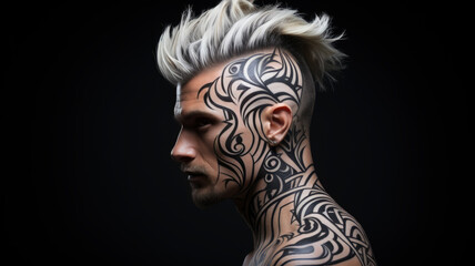 Modern Tribal Art: Man with Undercut Hairstyle and Bold Tattoo Design - Ink Your Identity, Ai Generated