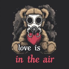 Vector graphic design the subject is of a full body evil Valentines day teddy bear wearing a white gas mask on a flat black background with the text love is in the air.