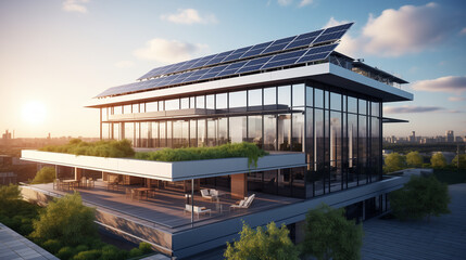 Obraz premium Solar panels installed on office building, green technology, go green