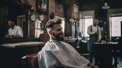 A customer sat comfortably in a barber chair, while the barber skillfully trimmed his hair with precision