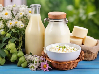 Fresh dairy products in wicker basket, milk in bottles, cottage cheese, cheese, yogurt, sour cream and butter outdoor near by nature