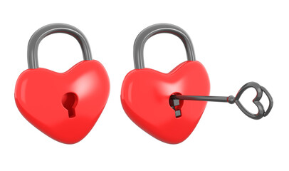 3D Rendering Red Heart Lock And Red Heart Lock With Key Heart Shape Isolated On Transparent Background, PNG File Add