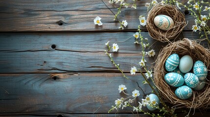 Colorful Easter eggs, some nestled in a basket, rest beside vibrant spring flowers on wooden background.
