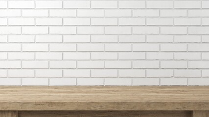 Empty space wooden top surface on white brick wall background with natural lighting. Mockup scene display for products presentation. 