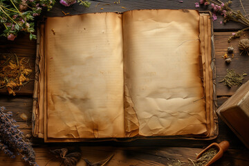 Antique Open Book with Blank Pages Surrounded by Dried Herbs and Quill for Storytelling and Magical Themes