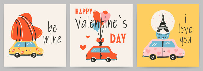 Postcards templates set for Saint Valentine's day, 14 february. Hand drawn cards with car, balloons, eiffel tower, heart, text.