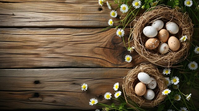 Wooden background with Easter eggs.