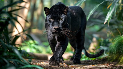 Naklejka na ściany i meble black beautiful cougar in the jungle, close-up