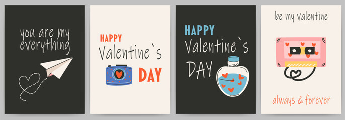 Postcards templates set for Saint Valentine's day, 14 february. Hand drawn cards with plane, bottle, potion, heart, cassette, camera, text.