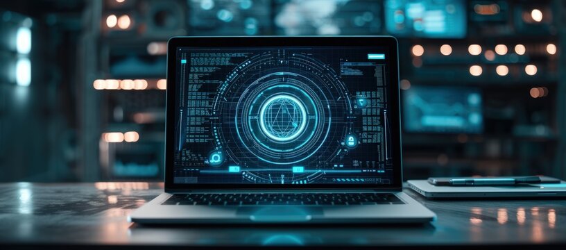 A modern laptop with smart digital futuristic technology screen background. AI generated image