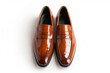 Elegant Cognac-Brown Patent Leather Loafers on White – Classic Men's Footwear for Formal and Business Occasions