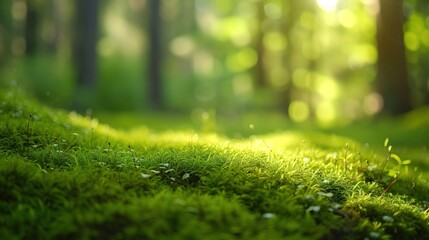 Naklejka premium Bokeh-style green moss in a vivid forest clearing on a natural background.