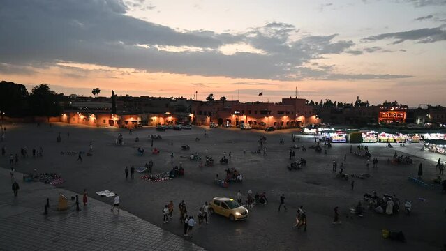 Jemaa el-Fnaa square in marrakech at evening with Koutoubia minaret 
