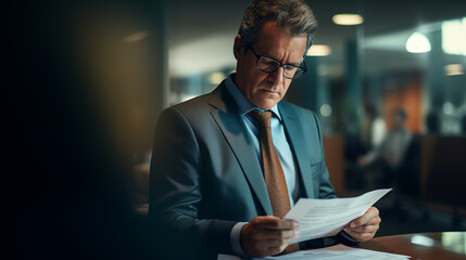  a businessman reading a contract in closeup. The image reflects the seriousness and meticulous attention to detail as the businessman engages in thorough document review - obrazy, fototapety, plakaty