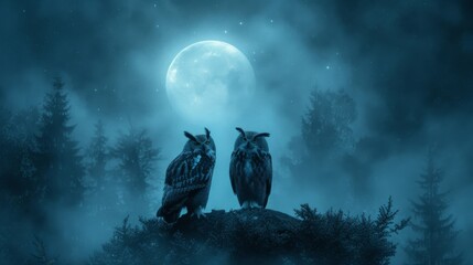Owls in Moonlight, Mystical shot of owls perched against a moonlit sky, ideal for conveying a sense of magic - obrazy, fototapety, plakaty