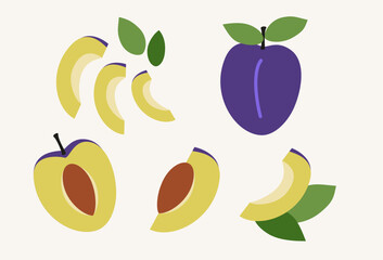 Plum flat design vector illustration. Icon set of plum in simple cartoon style.