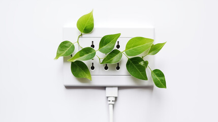 Green Energy Concept: Plant Leaves Sprouting from Wall Outlet