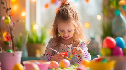Fototapeta na wymiar A preschool girl paints eggs for the bright holiday of Easter